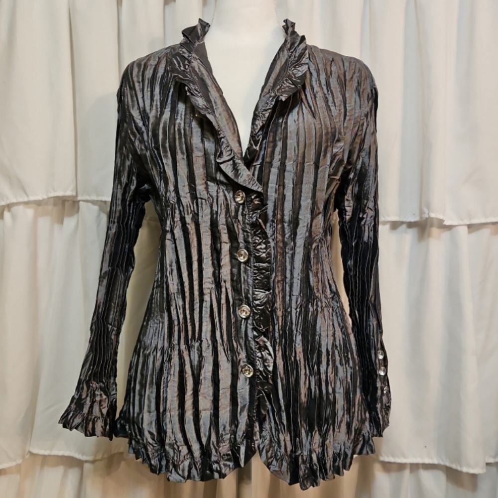 Elegant Vintage Accordian Crinkle Ruffled Women's Blouse